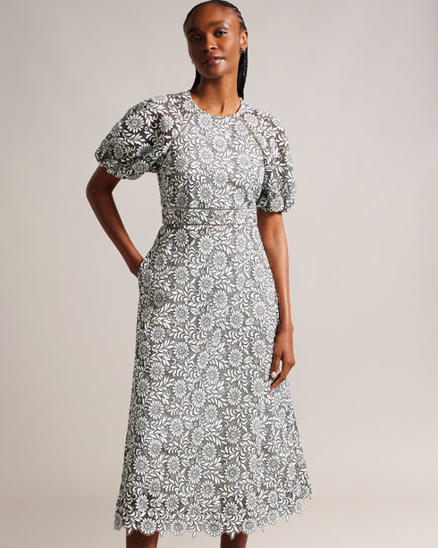 AYYAH-Dresses-Garden party? Meet AYYAH. This timeless midi's short puff sleeves add a playful touch to its silhouette, while the intricate lace detailing exudes sophistication. Midi dress Fit and flare Short puff sleeves Floral lace Ladder lace inserts Crew neck Zip fastening- Ted Baker Romania
